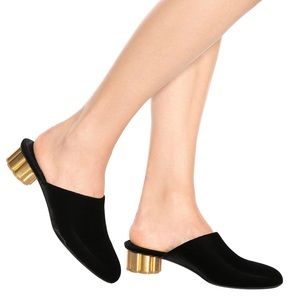SALVATORE FERRAGAMO LIVORNO Low Heel Mules Black Velvet Gold Block Heel 7.5